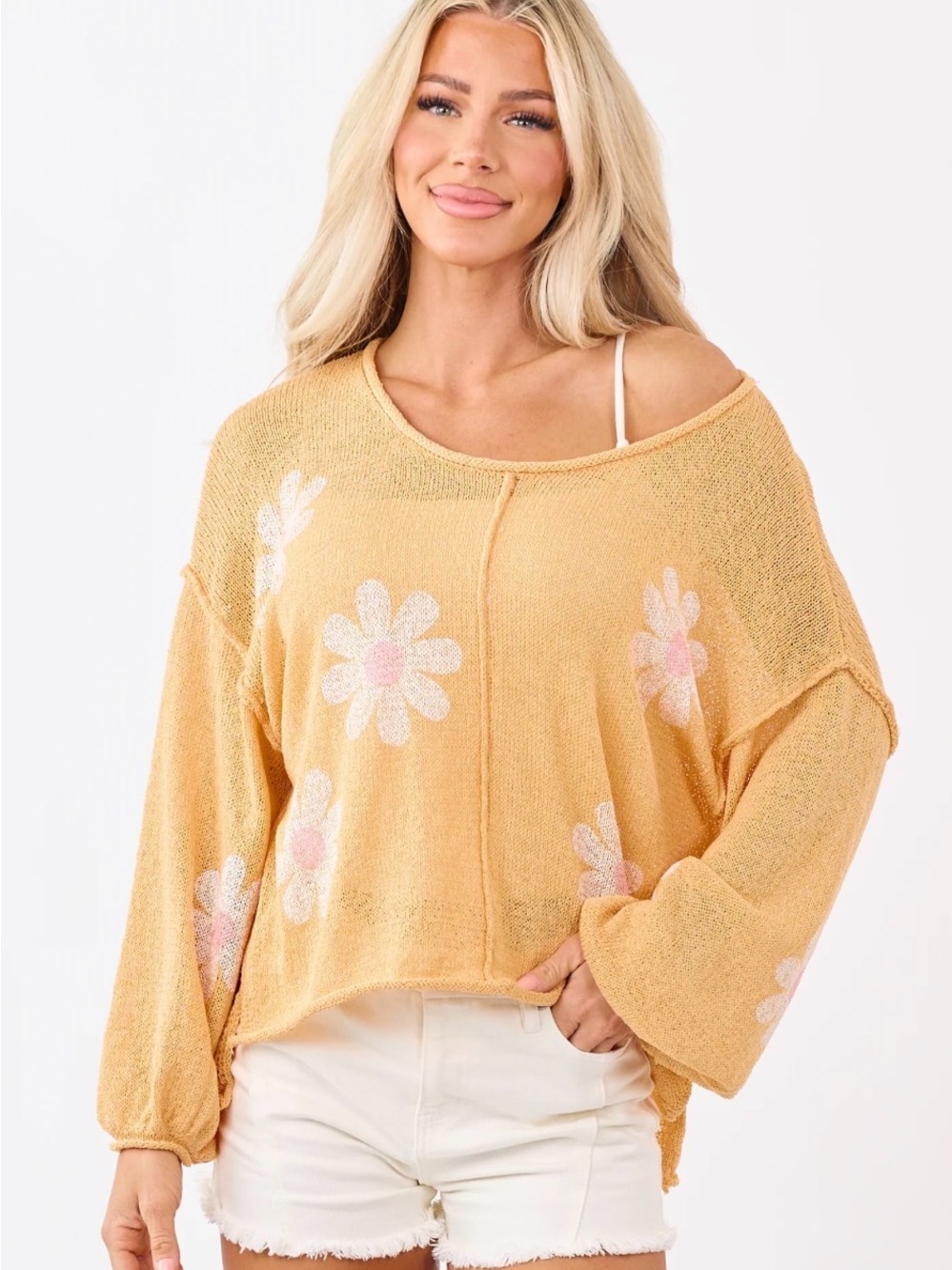 Apricot Daisy Knit Sweater - Women's Casual Pullover